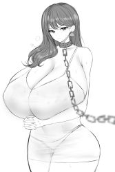 Rule 34 | 1girl, bdsm, belt collar, blush, bra, breasts, chain, chain leash, closed mouth, collar, copyright request, doinaka, dress, ear tag, gigantic breasts, greyscale, highres, leash, long hair, looking at viewer, monochrome, own hands together, panties, see-through, see-through dress, slave, solo, sweat, underwear