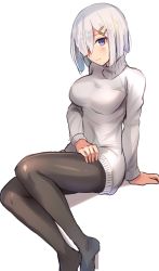 Rule 34 | 1girl, alternate costume, black pantyhose, blue eyes, blush, breasts, hair ornament, hair over one eye, hairclip, hamakaze (kancolle), highres, kantai collection, large breasts, long sleeves, no shoes, pantyhose, senbei (senbe i), short hair, silver hair, simple background, sitting, smile, solo, sweater, turtleneck, turtleneck sweater, white background, white sweater