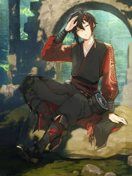 Rule 34 | 1boy, androgynous, brown hair, eight treasure rice (food fantasy), closed eyes, food fantasy, full body, highres, japanese clothes, looking at viewer, male focus, official art, pale skin, second-party source, solo