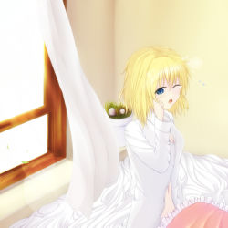 Rule 34 | 1girl, alice margatroid, bad id, bad pixiv id, bed, blonde hair, blue eyes, husky (artist), shirt, short hair, solo, tears, touhou, waking up, white shirt, wink