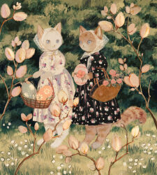 Rule 34 | 2girls, barefoot, basket, black dress, blue eyes, bow, branch, bud, cat, collaboration, dress, easter, easter egg, egg, floral print, flower, forest, furry, highres, holding, holding basket, holding egg, kerchief, long sleeves, looking at another, multiple girls, nature, on grass, original, outdoors, pink flower, pink rose, rose, smile, tono (rt0no), white bow, white dress, white flower