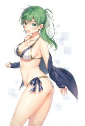 Rule 34 | 1girl, artist name, bikini, breasts, cleavage, contrapposto, from side, green eyes, green hair, hair ribbon, highres, jewelry, long hair, looking at viewer, medium breasts, necklace, off shoulder, original, ponytail, ribbon, rosary, side-tie bikini bottom, simple background, smile, solo, standing, swimsuit, tokki, wet, white bikini
