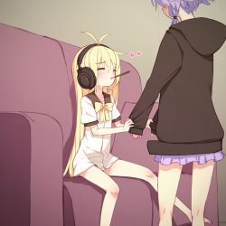 Rule 34 | 2girls, aged down, ahoge, bare arms, bare legs, black hoodie, blonde hair, closed eyes, closed mouth, clothes grab, commentary request, couch, facing another, feet out of frame, food, from side, furrowed brow, hair between eyes, headphones, heart, highres, hood, hood down, hoodie, legs apart, long hair, long sleeves, miniskirt, mouth hold, multiple girls, pillow, pocky, purple hair, purple skirt, short hair with long locks, short sleeves, sitting, skirt, sleeve grab, sleeves past wrists, standing, tsurumaki maki, tug, very long hair, vocaloid, voiceroid, yamadori seika, yuzuki yukari