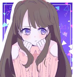 Rule 34 | 1girl, blush, border, brown hair, clenched hands, closed mouth, clothing cutout, commentary, fujishima megumi, hands on own cheeks, hands on own face, highres, link! like! love live!, long hair, long sleeves, looking to the side, love live!, nagisa iori, pout, purple eyes, ribbed sweater, shoulder cutout, sleeves past wrists, solo, sweater, swept bangs, triangle, two side up, upper body, white border