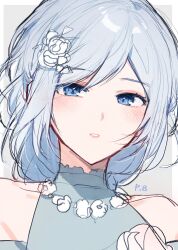 Rule 34 | 1girl, blue eyes, blue hair, blush, border, commentary, highres, jewelry, looking at viewer, necklace, panprika, parted lips, project sekai, solo, upper body, white border, yoisaki kanade