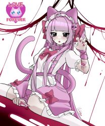 Rule 34 | 1girl, ahoge, animal ears, bandaid, bandaid on arm, belt, belt collar, black eyes, blood, blood drip, blunt bangs, blush, bow, bowtie, boxcutter, cat ears, cat girl, cat hair ornament, cat tail, claralukika, collar, commentary, cuts, dutch angle, english commentary, feet out of frame, fingernails, flat chest, frilled sleeves, frills, glint, hair bow, hair ornament, heart, highres, holding, holding boxcutter, injury, long hair, looking at viewer, medium bangs, needy girl overdose, open mouth, personification, pien cat (needy girl overdose), pink belt, pink bow, pink bowtie, pink hair, pink nails, pink skirt, puffy short sleeves, puffy sleeves, self-harm, shirt, short sleeves, sitting, skirt, socks, solo, suspender skirt, suspenders, tail, two side up, very long hair, wariza, white background, white shirt, white socks