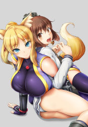 Rule 34 | 10s, 1girl, 2girls, animal ears, ass, bare shoulders, blonde hair, blue eyes, blush, bol (liliymimi), breasts, brown eyes, brown hair, colored eyelashes, crossover, dog days, fingerless gloves, fox ears, fox tail, gloves, grey background, highres, huge breasts, japanese clothes, kantai collection, large breasts, long hair, looking at viewer, looking back, multiple girls, name connection, open mouth, panties, ponytail, purple thighhighs, short hair, smile, tail, thighhighs, underwear, white panties, yukikaze (kancolle), yukikaze panettone