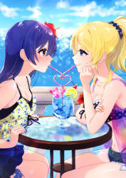 Rule 34 | 2girls, absurdres, arm support, ayase eli, bikini, blonde hair, blue eyes, blue hair, blush, commentary request, crazy straw, day, drink, drinking, drinking straw, food, from side, fruit, hair between eyes, heart straw, highres, lemon, lemon slice, long hair, looking at another, love live!, love live! school idol project, multiple girls, nail polish, nanatsu no umi, outdoors, ponytail, scrunchie, shared drink, shared straw, sharing, sitting, sonoda umi, staring, staring contest, swimsuit, tropical drink, yellow eyes, yuri
