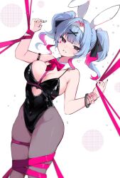 Rule 34 | 1girl, :d, animal ears, bare shoulders, black eyes, black leotard, black nails, black pantyhose, blue hair, bound, bound legs, bow, bowtie, breasts, cleavage, clothing cutout, detached collar, dutch angle, fake animal ears, feet out of frame, grin, hair intakes, hatsune miku, heart, heart-shaped pupils, heart cutout, highleg, highleg leotard, highres, large breasts, leotard, looking at viewer, mindoll, multicolored hair, nail polish, open mouth, pantyhose, pink hair, playboy bunny, rabbit ears, rabbit hole (vocaloid), red bow, red bowtie, ribbon, ribbon bondage, short hair, short twintails, simple background, smile, solo, stomach cutout, symbol-shaped pupils, teardrop facial mark, teeth, twintails, two-tone hair, vocaloid, white background