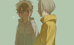 Rule 34 | 19 tian, 2boys, ?, blonde hair, blush, buttons, child, closed mouth, green background, grey eyes, jian yi, long sleeves, looking at another, male focus, multiple boys, short hair, simple background, smile, upper body, weyowang, zhan zheng xi