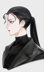 Rule 34 | 1girl, black hair, black jacket, black sweater, blue eyes, closed mouth, commentary, cropped torso, grey background, hair pulled back, highres, jacket, lipstick, long hair, looking ahead, makeup, meitantei conan, mizunashi rena, ponytail, profile, red lips, roru (lol dessin), simple background, solo, spoilers, sweater, turtleneck, turtleneck sweater