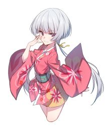 Rule 34 | 1girl, blunt bangs, closers, cropped legs, floral print, grey hair, grin, hand on own face, japanese clothes, kimono, looking at viewer, low twintails, obi, purple eyes, sash, short kimono, simple background, smile, solo, supernew, tina (closers), twintails, white background, wide sleeves