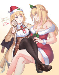 Rule 34 | 2girls, alternate costume, black legwear, blonde hair, blue eyes, blush, braid, breasts, christmas tree, cleavage, country connection, crossover, edwin (cyberdark impacts), facial hair, french braid, hair between eyes, hand on another&#039;s shoulder, hat, highres, hololive, hololive english, kantai collection, large breasts, long sleeves, magnifying glass, monocle, multiple girls, mustache, necktie, no legwear, pantyhose, red neckwear, santa costume, santa hat, short hair, sitting, sitting on person, smile, sweatdrop, thighhighs, trait connection, virtual youtuber, warspite (kancolle), watson amelia, wrist cuffs