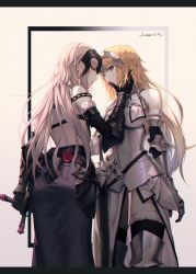 Rule 34 | 2girls, ahoge, arm behind back, armor, armored dress, ass, bare shoulders, blonde hair, breasts, chain, character name, dress, fate/grand order, fate (series), gauntlets, hand on another&#039;s face, headpiece, hiera12, holding, holding sword, holding weapon, jeanne d&#039;arc (fate), jeanne d&#039;arc (ruler) (fate), jeanne d&#039;arc (third ascension) (fate), jeanne d&#039;arc alter (avenger) (fate), jeanne d&#039;arc alter (avenger) (third ascension) (fate), jeanne d&#039;arc alter (fate), large breasts, letterboxed, long hair, looking at viewer, medium breasts, multiple girls, silver hair, sword, thighhighs, tsurime, weapon, yellow eyes