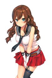Rule 34 | 1girl, anchor symbol, bare shoulders, belt, blue eyes, braid, breasts, brown hair, cleavage, closed mouth, collarbone, detexted, ears visible through hair, gloves, hair between eyes, hair tie, highres, kantai collection, long hair, looking at viewer, medium breasts, noshiro (kancolle), pleated skirt, red skirt, school uniform, skirt, solo, takayaki, thighhighs, third-party edit, transparent background, twin braids, twintails, white background, white gloves