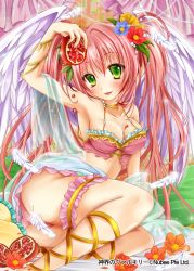 Rule 34 | 1girl, ass, bare shoulders, blush, breasts, cleavage, collarbone, company name, feathers, flower, food, green eyes, hair flower, hair ornament, holding, holding food, long hair, looking at viewer, medium breasts, picpicgram, pink hair, shinkai no valkyrie, sitting, smile, solo, tongue, tongue out, twintails