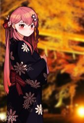 Rule 34 | 1girl, absurdres, artist name, blue kimono, blurry, blurry background, blush, bow, braid, breasts, garin, girls&#039; frontline, hair between eyes, hair bow, hair ornament, hair ribbon, hairclip, hexagram, highres, japanese clothes, kimono, long hair, looking at viewer, medium breasts, negev (girls&#039; frontline), night, obi, one side up, outdoors, pink hair, red bow, red eyes, ribbon, sash, smile, solo, standing, star of david