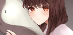 Rule 34 | 1girl, blush, brown eyes, brown hair, closed mouth, commentary request, crying, crying with eyes open, grey background, hand up, holding, iino miko, kaguya-sama wa kokurasetai ~tensai-tachi no renai zunousen~, long hair, looking at viewer, low twintails, ponzu (udon), portrait, simple background, solo, tears, twintails