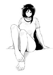 Rule 34 | 1girl, barefoot, blush, breasts, chaos;child, commission, foot focus, foreshortening, greek toe, greyscale, highres, kunosato mio, legs together, long hair, medium breasts, monochrome, norman maggot, on floor, one eye closed, shirt, simple background, sitting, solo, t-shirt, toes, very long hair, wink