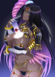 Rule 34 | 1girl, absurdres, arm wrap, armlet, armor, bandaged arm, bandages, between breasts, bikini armor, black armor, black hair, bracelet, breasts, bridal gauntlets, circlet, cleavage, colored inner hair, dark-skinned female, dark skin, facial mark, fate/grand order, fate (series), forehead jewel, gradient hair, green eyes, hat, highres, jewelry, large breasts, long hair, looking at viewer, multicolored hair, navel, parted bangs, parted lips, pauldrons, purple hair, ring, scheherazade (fate), scroll, shoulder armor, smile, solo, teringo