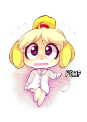 Rule 34 | 1girl, animal crossing, blonde hair, bottomless, furry, furry female, hair ornament, isabelle (animal crossing), nintendo, short hair, solo, text focus