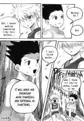Rule 34 | 2boys, absurdres, black shirt, black shorts, blush, child, comic, english text, gon freecss, green hair, highres, hunter x hunter, iwakki, killua zoldyck, laughing, looking at another, male focus, monochrome, multiple boys, nervous, on grass, on ground, outdoors, shirt, short hair, shorts, signature, sitting, smile, speech bubble, spiked hair, sweatdrop, tree, under tree, white hair, white shirt, white shorts, yaoi