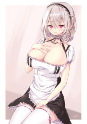 Rule 34 | 1girl, alternate costume, artist name, azur lane, blush, breasts, cleavage, closed mouth, collarbone, enmaided, hairband, hand on breast, hand on thigh, highres, large breasts, looking at viewer, lows., maid, medium hair, purple eyes, silver hair, simple background, sirius (azur lane), sitting, smile, solo, thighhighs, white thighhighs