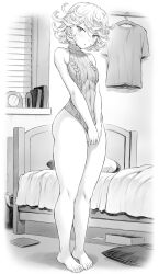 Rule 34 | 1girl, barefoot, bed, bedroom, blush, bottomless, breasts, collarbone, covering crotch, covering privates, curly hair, feet, floor, full body, highres, looking at viewer, mogudan, monochrome, naked sweater, no panties, one-punch man, shirt, short hair, small breasts, standing, sweater, tatsumaki, thick thighs, thighs, toes, turtleneck, turtleneck sweater, wide hips