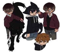 Rule 34 | 2boys, animal, animal ears, animalization, black hair, black jacket, black sweater vest, blue eyes, brown eyes, brown hair, cheek pinching, child, closed eyes, closed mouth, collar, collared shirt, cropped legs, denim, deviidog0, dog, full body, fur-tipped tail, glasses, hair over one eye, hand up, highres, jacket, jeans, long sleeves, looking at viewer, male focus, metal collar, multiple boys, multiple views, open mouth, original, pants, pinching, red jacket, shirt, short hair, shorts, simple background, smile, sweater vest, tail, white background