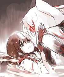 Rule 34 | 10s, 2girls, abyssal ship, aircraft carrier princess, akagi (kancolle), armor, black eyes, blood, brown hair, commentary, gloves, glowing, glowing eyes, hands on another&#039;s face, hands on another&#039;s head, japanese clothes, kantai collection, long hair, lying, multiple girls, one side up, open mouth, pale skin, red eyes, sad smile, side ponytail, tears, water, white hair, yuzuki gao
