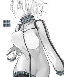 Rule 34 | 1girl, breasts, head out of frame, jacket, large breasts, long sleeves, monochrome, original, patterned, plaid, pupps, short hair, simple background, solo, spot color, white background, zipper