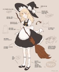 Rule 34 | 1girl, apron, bad id, bad twitter id, black dress, blonde hair, blush, bow, braid, broom, brown background, character name, dress, full body, grin, hair bow, hajin, hat, hat ribbon, highres, kirisame marisa, kneehighs, korean text, long hair, looking at viewer, mary janes, messy hair, one eye closed, puffy sleeves, ribbon, shoes, short sleeves, side braid, single braid, smile, socks, solo, text focus, touhou, translation request, twitter username, waist apron, white socks, witch hat, yellow eyes