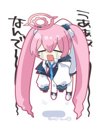 Rule 34 | 1girl, black gloves, blue archive, blue necktie, chibi, closed eyes, crying, fang, full body, gloves, halo, jacket, koyuki (blue archive), long hair, long sleeves, necktie, open clothes, open jacket, open mouth, pink hair, pink halo, shirt, solo, streaming tears, tears, thighhighs, twintails, ueji bun, very long hair, white background, white jacket, white shirt, white thighhighs