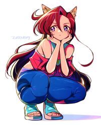 Rule 34 | 1girl, animal ears, blue eyes, blue footwear, brown hair, closed mouth, crop top, denim, eyelashes, hands on own cheeks, hands on own face, jeans, kemonomimi mode, long hair, looking to the side, midriff, pants, precure, purple eyes, red shirt, sabum, sandals, shirt, simple background, solo, squatting, takizawa asuka, tropical-rouge! precure, white background