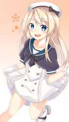 Rule 34 | 1girl, ame kami chisato, blonde hair, blue eyes, blue sailor collar, clothes lift, commentary request, dress, dress lift, feet out of frame, gloves, gradient background, hat, highres, jervis (kancolle), kantai collection, lifting own clothes, long hair, looking at viewer, open mouth, orange background, sailor collar, sailor dress, sailor hat, short sleeves, smile, solo, white dress, white gloves, white hat