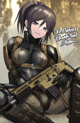Rule 34 | 1girl, assault rifle, black hair, bodysuit, breasts, commentary request, commission, english text, female soldier, fn scar 17, frogs (metal gear), frogs (mgs), gun, haven trooper, holding, holding gun, holding weapon, knee pads, medium breasts, metal gear (series), metal gear solid 4: guns of the patriots, original, parted lips, ponytail, purple eyes, rifle, signature, sitting, skeb commission, skin tight, solo, sunao (70 the), trigger discipline, weapon