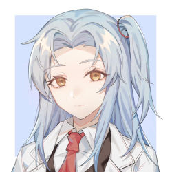Rule 34 | 1girl, angela (project moon), blouse, blue hair, closed mouth, coat, collared shirt, hair tie, light blue hair, lobotomy corporation, necktie, open clothes, open coat, project moon, red necktie, shirt, side ponytail, simple background, solo, tadanogomi, upper body, white coat, white shirt, yellow eyes