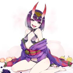 Rule 34 | 1girl, apple, barefoot, blush, breasts, chan co, fangs, fate/grand order, fate (series), food, fruit, grapes, horns, japanese clothes, kimono, looking at viewer, navel, obi, oni, open clothes, open kimono, open mouth, peach, purple eyes, purple hair, sash, short hair, shuten douji (fate), simple background, sitting, skin-covered horns, small breasts, smile, solo, sweat, tongue, tongue out, white background
