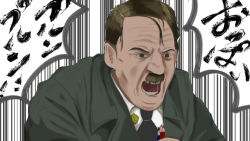 Rule 34 | 1boy, adolf hitler, bad id, bad twitter id, black necktie, brown hair, coat, collared shirt, facial hair, holding, holding pencil, male focus, mendou jun, mustache, necktie, pencil, real life, shirt, short hair, solid circle eyes, solo, striped, striped background, upper body, vertical stripes, very short hair, white shirt
