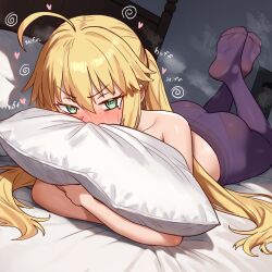 Rule 34 | 1girl, @ @, absurdres, ahoge, artoria caster (fate), artoria pendragon (fate), blonde hair, blush, ebora, fate/grand order, fate (series), feet, feet up, green eyes, highres, long hair, lying, no shoes, on stomach, pantyhose, pillow, purple pantyhose, soles, solo, toes, twintails