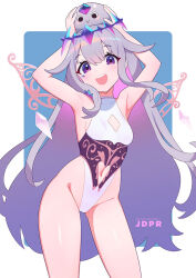 Rule 34 | 1girl, :&gt;, :d, alternate costume, armpits, arms up, artist name, bare legs, breasts, cleavage cutout, clothing cutout, commentary, contrapposto, cowboy shot, crystal, dot nose, english commentary, flower, grey hair, hair between eyes, hair flower, hair ornament, heart cutout, highleg, highleg leotard, hololive, hololive english, jacket, jdpr, jewel under eye, koseki bijou, leotard, light blush, long hair, metal wings, multicolored hair, navel, navel cutout, open clothes, open jacket, open mouth, pebble (koseki bijou), pink hair, sidelocks, simple background, small breasts, smile, solo, teeth, thighs, upper teeth only, very long hair, virtual youtuber, wings