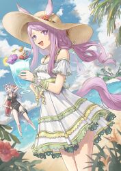 Rule 34 | 2girls, animal ears, bare shoulders, beach, black one-piece swimsuit, breasts, cloud, commentary, cup, day, dress, ears through headwear, flower, food, gold ship (run revolt launcher) (umamusume), gold ship (umamusume), grey hair, hat, holding, holding cup, horizon, horse ears, horse girl, horse tail, hoshino (masssssh), ice cream, large breasts, long hair, looking at viewer, low twintails, mejiro mcqueen (ripple fairlady) (umamusume), mejiro mcqueen (umamusume), multiple girls, ocean, one-piece swimsuit, open mouth, outdoors, palm tree, plant, purple eyes, purple hair, sand, small breasts, smile, solo focus, standing, sun hat, sundae, sunglasses, swimsuit, tail, thigh strap, tree, twintails, umamusume, wading, water, water gun, white dress, wrist cuffs