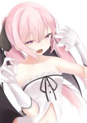 Rule 34 | 1girl, arms up, breasts, clothing cutout, collarbone, demon girl, demon wings, doyachii, fang, floating hair, gloves, highres, long hair, navel, navel cutout, open mouth, original, pink hair, red eyes, sleepwear, small breasts, twintails, white gloves, wings