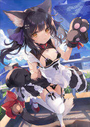 Rule 34 | 1girl, animal collar, animal ear fluff, animal ears, animal hands, apron, bell, black bra, black dress, black gloves, black hair, black panties, black skirt, blue sky, blush, bow, bow bra, bow panties, bra, breasts, brown eyes, building, cat ears, cat girl, cat tail, closed mouth, cloud, collar, commentary request, day, dress, fish skeleton, frilled apron, frilled dress, frilled thighhighs, frills, garter straps, gloves, hair ornament, hair ribbon, hands up, high heels, highres, jingle bell, kedama milk, long hair, looking at viewer, original, outdoors, panties, paw gloves, red bow, red collar, red footwear, ribbon, shoes, shrug (clothing), skirt, sky, small breasts, smile, solo, standing, standing on one leg, tail, tail bell, tail bow, tail ornament, thighhighs, tokyo big sight, twintails, twitter username, underwear, waist apron, white apron, white thighhighs
