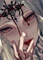 Rule 34 | 1girl, blood, blood on face, crown, facial mark, highres, looking at viewer, momota ro5555, original, red eyes, solo, tag, white hair