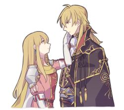 Rule 34 | 1boy, 1girl, ares (fire emblem), armor, aunt and nephew, blonde hair, closed mouth, commentary request, drop earrings, earrings, fire emblem, fire emblem: genealogy of the holy war, gloves, gold trim, haconeri, hand on another&#039;s face, jewelry, lachesis (fire emblem), long hair, nintendo, sheath, sheathed, shoulder armor, simple background, sword, weapon, white background, white gloves, yellow eyes