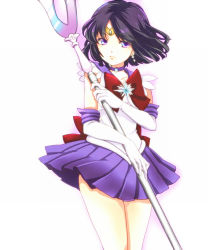 Rule 34 | 1990s (style), 1girl, bishoujo senshi sailor moon, black hair, bow, brooch, choker, elbow gloves, gloves, holding, holding polearm, holding spear, holding weapon, jewelry, nugaa, pleated skirt, polearm, purple eyes, purple skirt, retro artstyle, sailor saturn, sailor senshi, short hair, silence glaive, simple background, skirt, solo, spear, staff, star brooch, tiara, tomoe hotaru, weapon, white background, white gloves