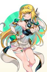 Rule 34 | 1girl, bad id, bad pixiv id, bare legs, bare shoulders, blonde hair, breasts, chest jewel, cleavage, cleavage cutout, clothing cutout, dress, earrings, elbow gloves, gem, gloves, headpiece, highres, jewelry, large breasts, long hair, mythra (xenoblade), short dress, solo, swept bangs, thigh strap, tiara, very long hair, white dress, white footwear, white gloves, xenoblade chronicles (series), xenoblade chronicles 2, yagi (kyuhyun), yellow eyes