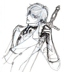 Rule 34 | 1boy, buttons, clothes, code geass, gloves, graphite (medium), holding, kou (suzalulu), kururugi suzaku, lips, looking at viewer, male focus, mechanical pencil, monochrome, pencil, serious, simple background, sketch, solo, sword, traditional media, uniform, upper body, v-shaped eyebrows, weapon, white background