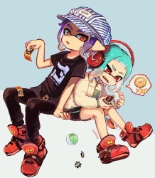 Rule 34 | 1boy, 1girl, aqua hair, black shirt, black shorts, capsule, coin, commentary request, eyebrow cut, fangs, gashapon, hat, headphones, highres, holding, inkling, inkling boy, inkling girl, inkling player character, invisible chair, jacket, long sleeves, nintendo, open mouth, orange eyes, pointy ears, purple hair, red eyes, red footwear, shirt, shoes, short hair, short sleeves, shorts, simple background, sitting, sneakers, splatoon (series), splatoon 3, striped clothes, striped headwear, t-shirt, tentacle hair, ticket, yonaga story